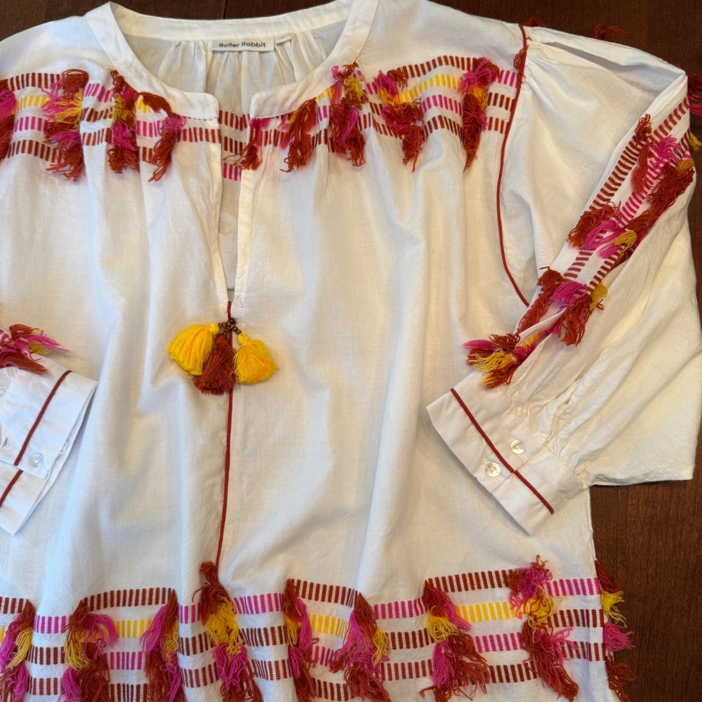 Roller Rabbit Blouse Womens Small White Multi Tassel Embroidered Boho Cotton Top